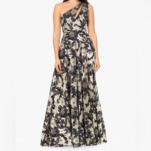GWEN" LONG ONE SHOULDER WRAP FOIL FLOWER DRESS. THE COLOR Navy/Gold